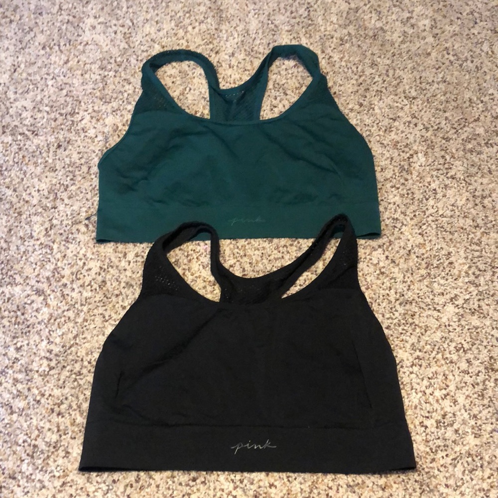 Used set of 2 Victoria’s Secret Pink active sports bra dark green & black Sz XXL